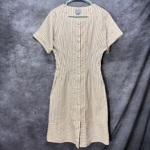 GREY Jason Wu Button Front Midi Dress Size 4 Tan White Striped Linen Pleated